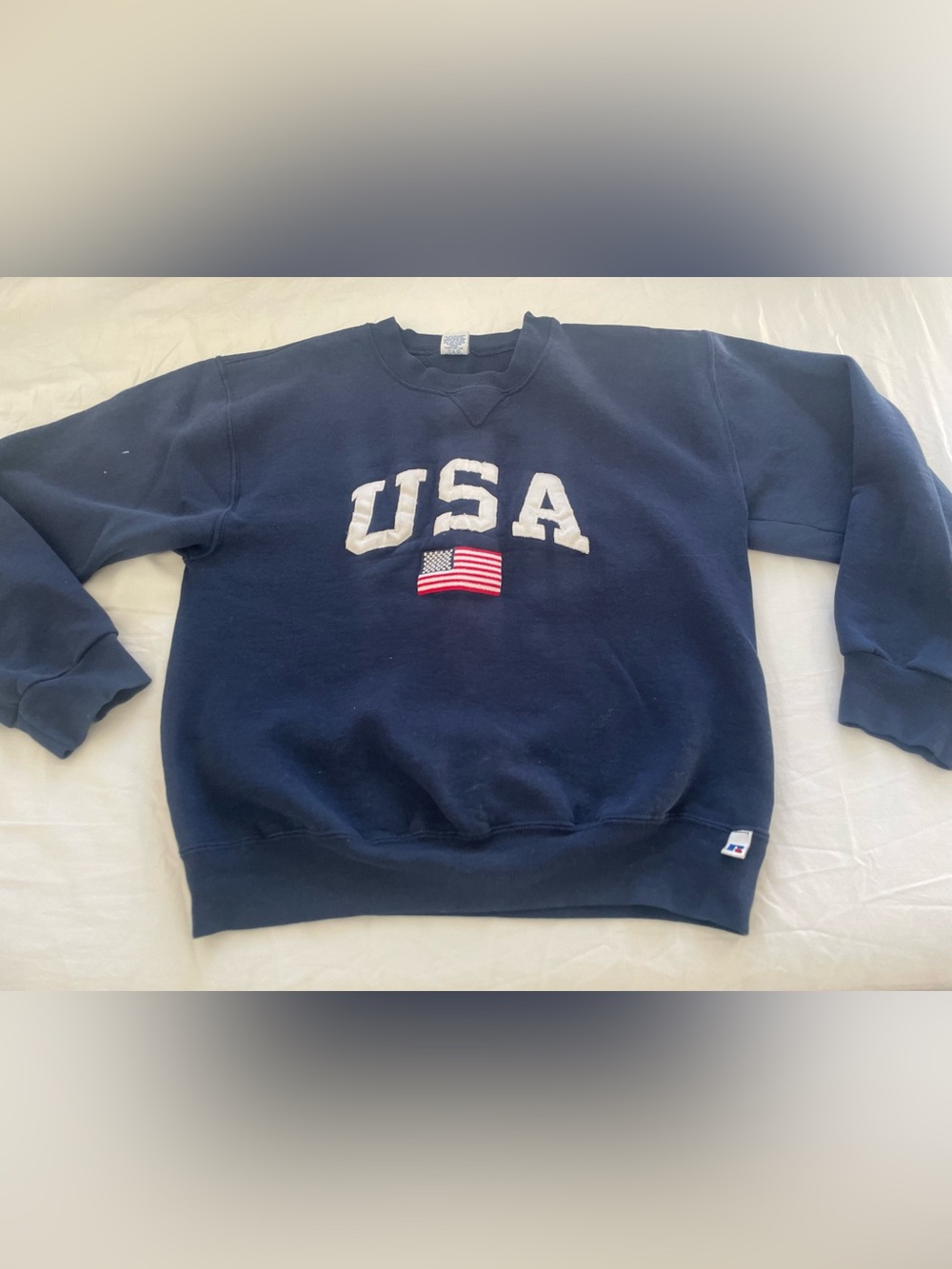 Vintage Russell Athletic Navy USA  Sweater USA Appliqué and Flag Patch Medium